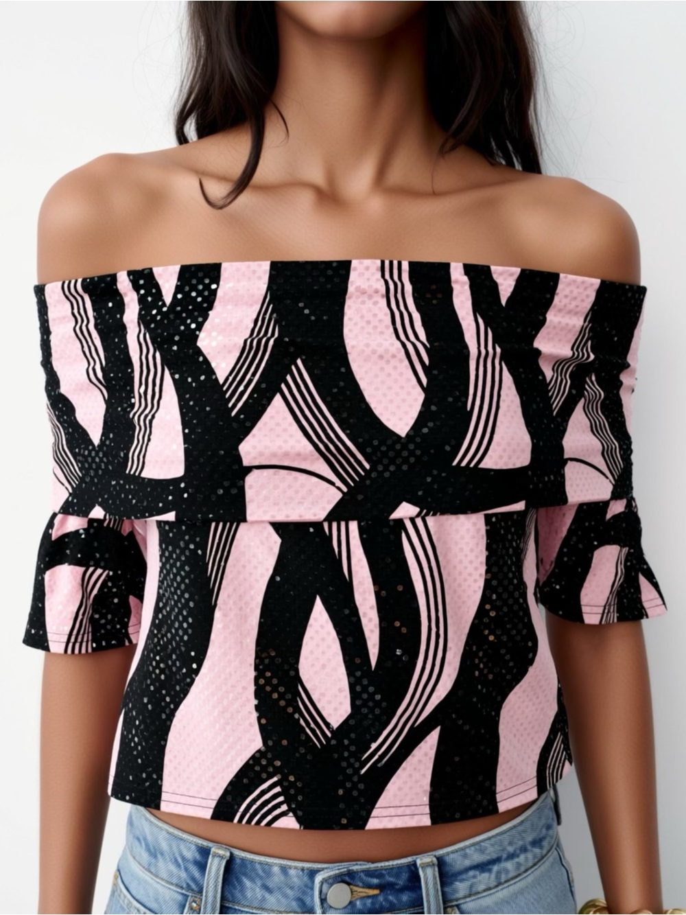 Joseph Ribkoff Off Shoulder Top Sz 12 Pink Black Pattern Sequin Sparkle Vintage